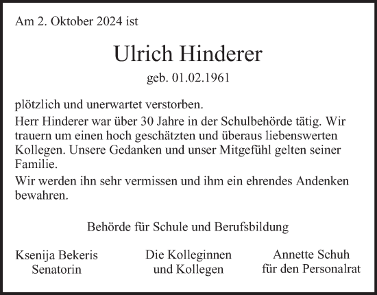 Traueranzeige von Ulrich Hinderer von Hamburger Abendblatt