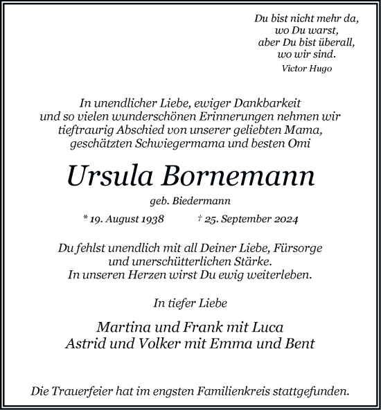 Traueranzeige von Ursula Bornemann 