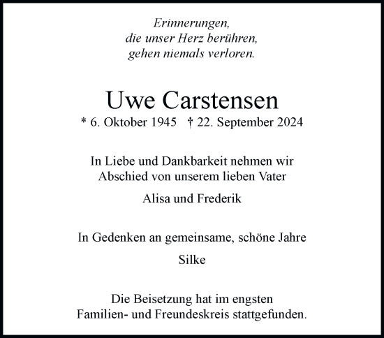 Traueranzeige von Uwe Carstensen von Hamburger Abendblatt