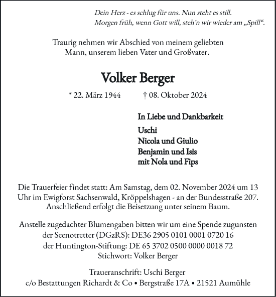 Traueranzeige von Volker Berger von Bergedorfer Zeitung