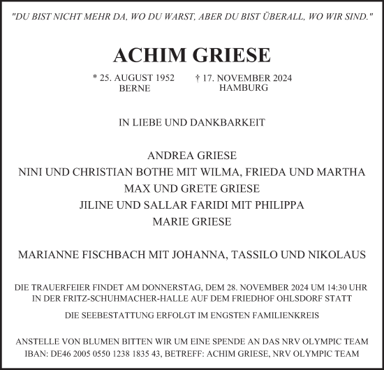 Traueranzeige von Achim Griese von Hamburger Abendblatt