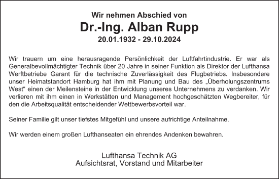 Traueranzeige von Alban Rupp von Hamburger Abendblatt