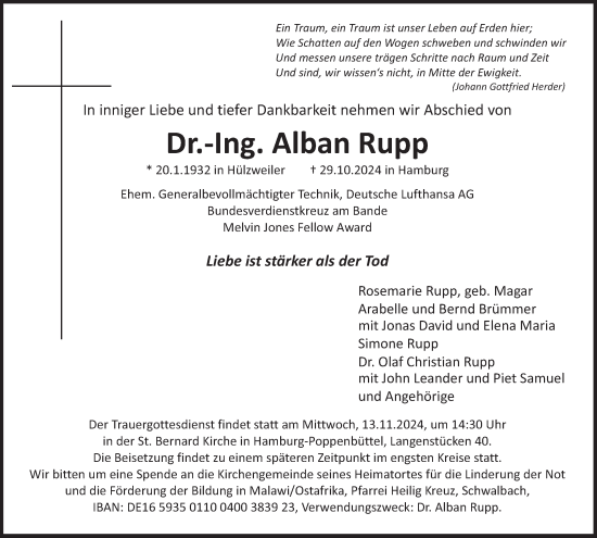 Traueranzeige von Alban Rupp von Hamburger Abendblatt