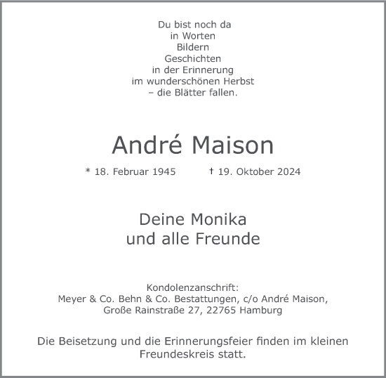 Traueranzeige von Andre Maison von Hamburger Abendblatt