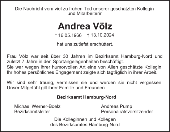 Traueranzeige von Andrea Völz von Hamburger Abendblatt