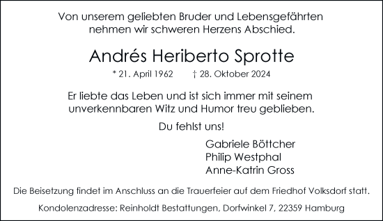 Traueranzeige von Andrés Heriberto Sprotte von Hamburger Abendblatt