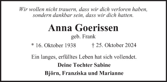 Traueranzeige von Anna Goerissen von Bergedorfer Zeitung