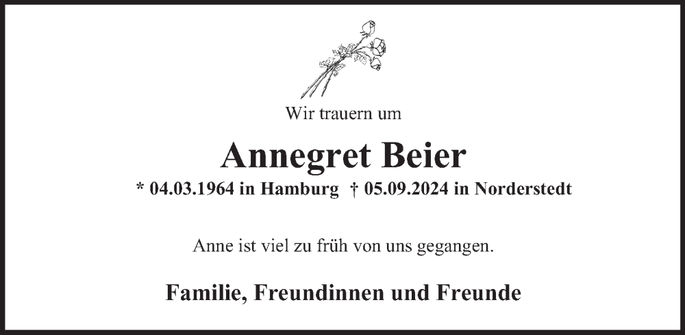  Traueranzeige für Annegret Beier vom 09.11.2024 aus Hamburger Abendblatt