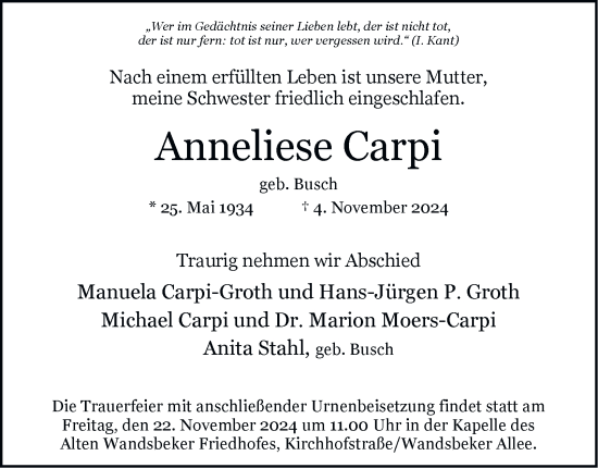 Traueranzeige von Anneliese Carpi von Hamburger Abendblatt