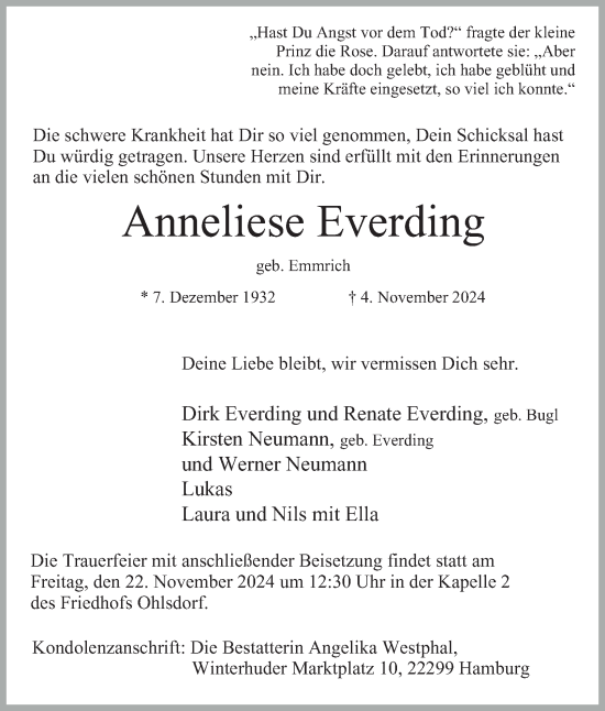 Traueranzeige von Anneliese Everding von Hamburger Abendblatt