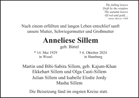 Traueranzeige von Anneliese Sillem von Hamburger Abendblatt