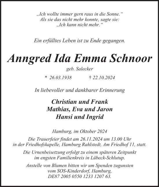 Traueranzeige von Anngred Ida Emma Schnoor 