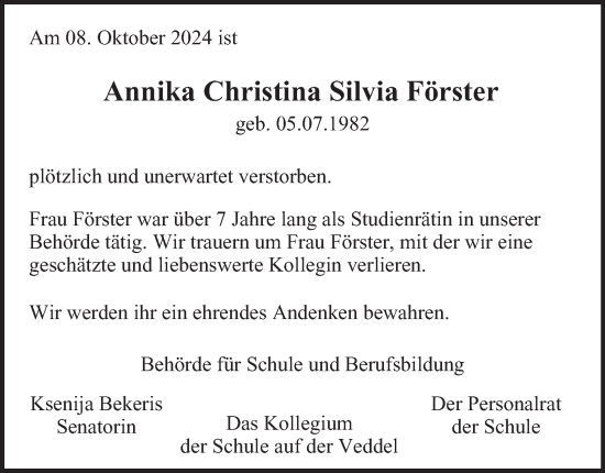 Traueranzeige von Annika Förster von Hamburger Abendblatt