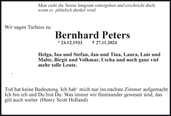 Traueranzeige von Bernhard Peters von Hamburger Abendblatt