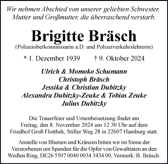 Traueranzeige von Brigitte Bräsch von Hamburger Abendblatt