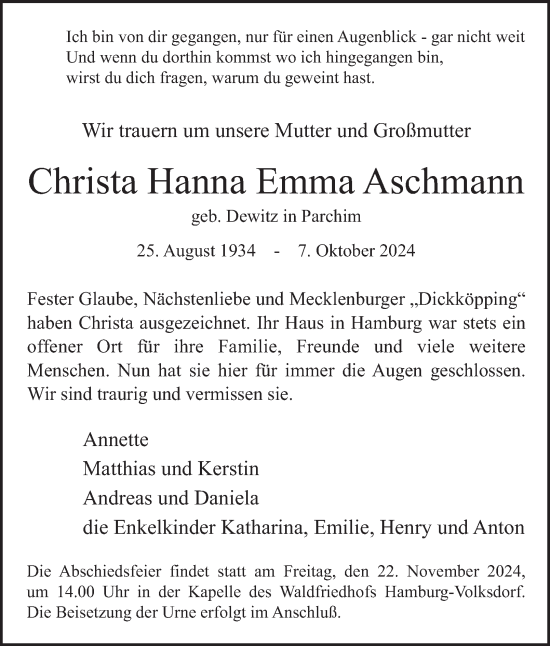 Traueranzeige von Christa Hanna Emma Aschmann von Hamburger Abendblatt