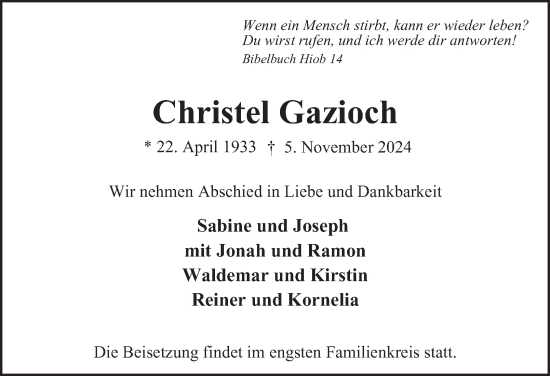 Traueranzeige von Christel Gazioch 