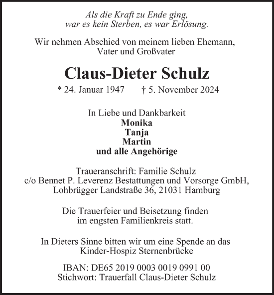 Traueranzeige von Claus-Dieter Schulz von Bergedorfer Zeitung