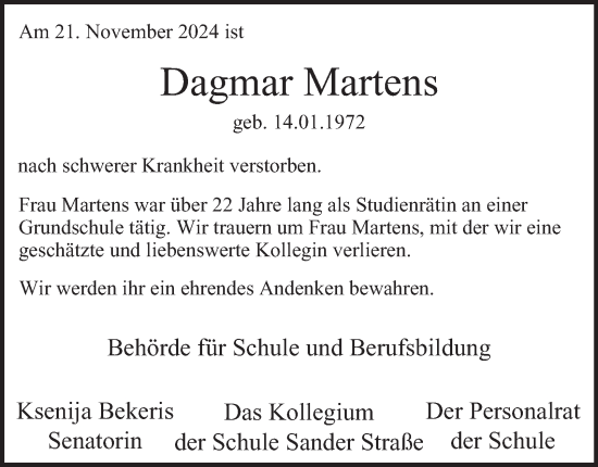 Traueranzeige von Dagmar Martens von Hamburger Abendblatt