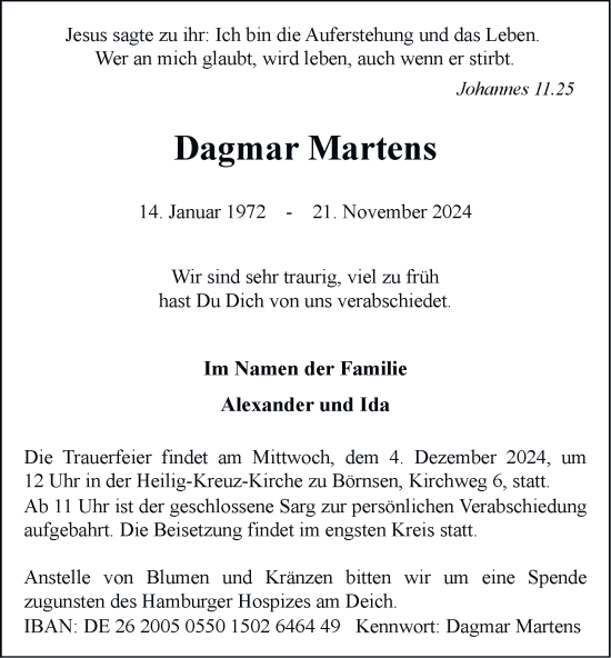 Traueranzeige von Dagmar Martens 