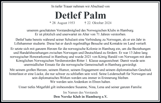 Traueranzeige von Detlef Palm von Hamburger Abendblatt