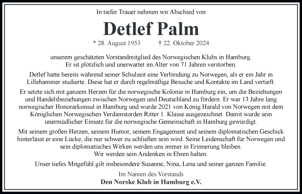  Traueranzeige für Detlef Palm vom 02.11.2024 aus Hamburger Abendblatt