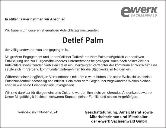 Traueranzeige von Detlef Palm von Hamburger Abendblatt