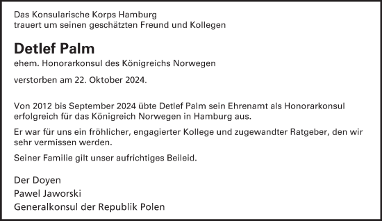 Traueranzeige von Detlef Palm von Hamburger Abendblatt