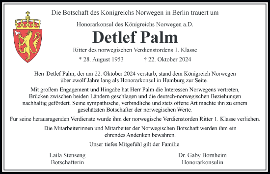 Traueranzeige von Detlef Palm von Hamburger Abendblatt