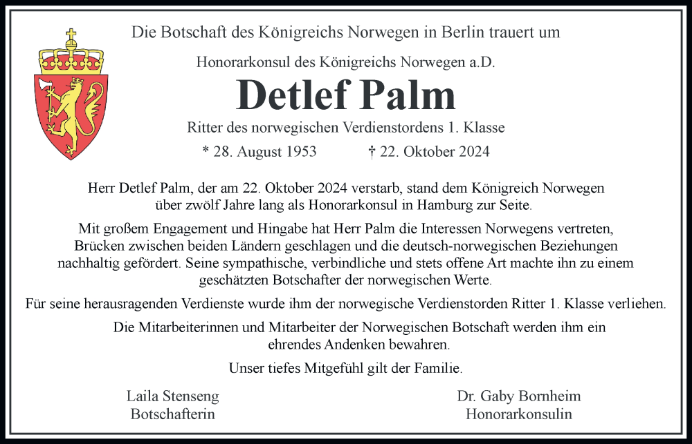  Traueranzeige für Detlef Palm vom 02.11.2024 aus Hamburger Abendblatt