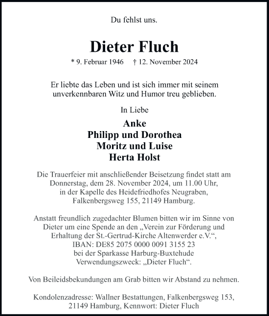 Traueranzeige von Dieter Fluch von Hamburger Abendblatt