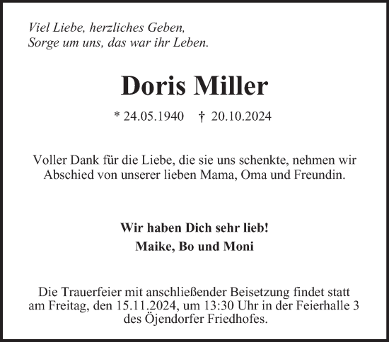 Traueranzeige von Doris Miller von Hamburger Abendblatt