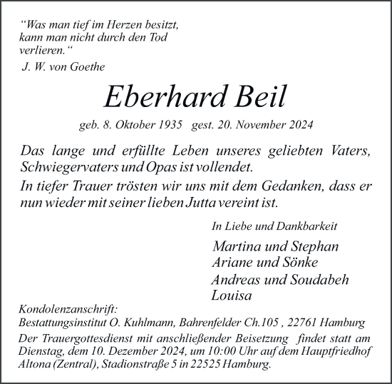 Traueranzeige von Eberhard Beil von Hamburger Abendblatt