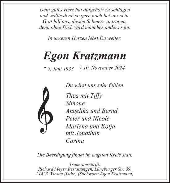 Traueranzeige von Egon Kratzmann von Bergedorfer Zeitung