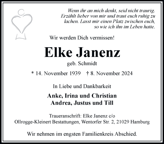 Traueranzeige von Elke Janenz 