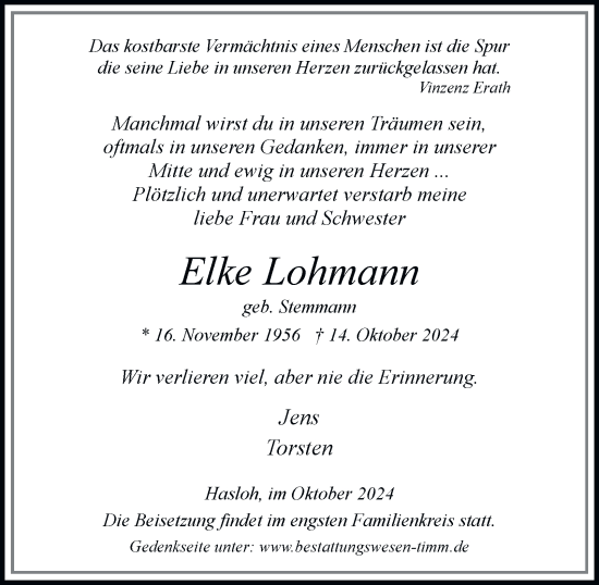 Traueranzeige von Elke Lohmann 