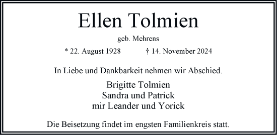 Traueranzeige von Ellen Tolmien 