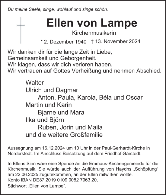 Traueranzeige von Ellen von Lampe von HA Regio Norderstedt