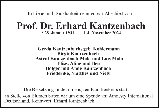 Traueranzeige von Erhard Kantzenbach von Hamburger Abendblatt