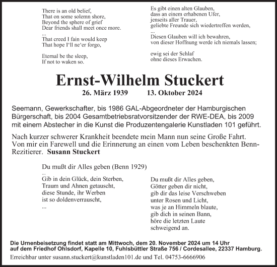 Traueranzeige von Ernst-Wilhelm Stuckert von Hamburger Abendblatt
