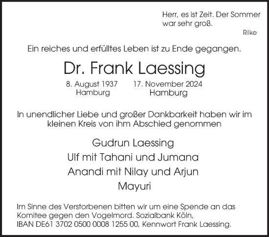 Traueranzeige von Frank Laessing von Hamburger Abendblatt