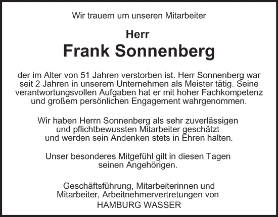 Traueranzeige von Frank Sonnenberg von Hamburger Abendblatt