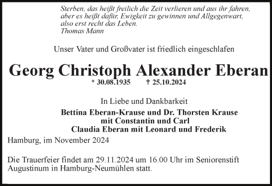 Traueranzeige von Georg Christoph Alexander Eberan von Hamburger Abendblatt