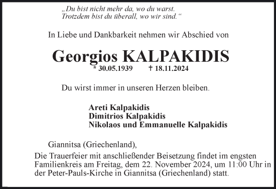 Traueranzeige von Georgios Kalpakidis 