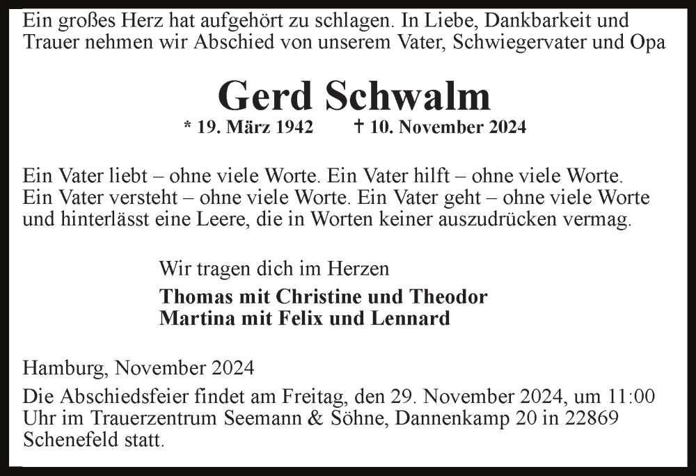  Traueranzeige für Gerd Schwalm vom 16.11.2024 aus Hamburger Abendblatt, HA Regio Pinneberg