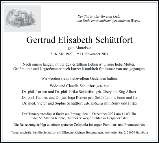 Traueranzeige von Gertrud Elisabeth Schüttfort von Bergedorfer Zeitung