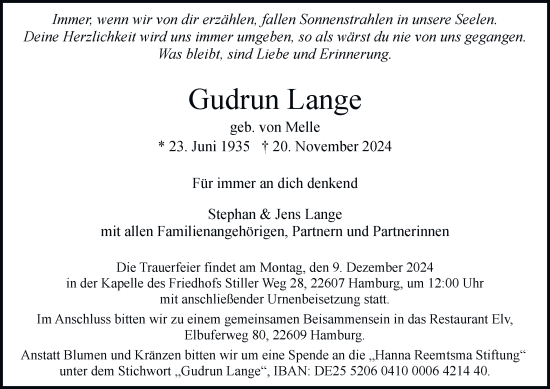 Traueranzeige von Gudrun Lange von Hamburger Abendblatt