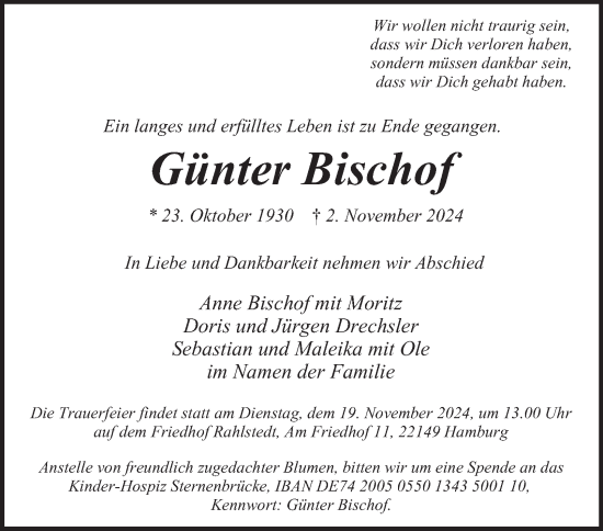 Traueranzeige von Günter Bischof von Hamburger Abendblatt