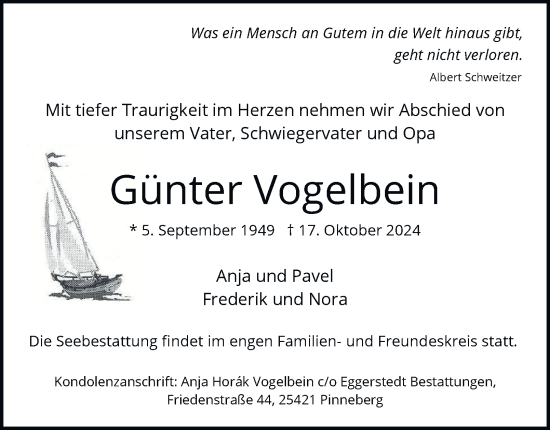 Traueranzeige von Günter Vogelbein von Hamburger Abendblatt