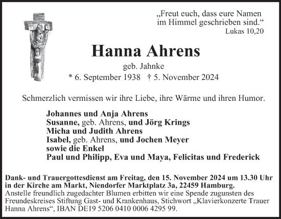 Traueranzeige von Hanna Ahrens von Hamburger Abendblatt